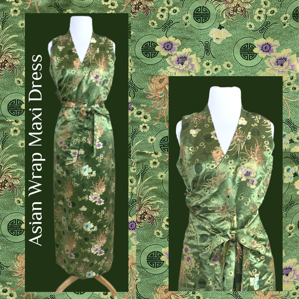Gorgeous Nepalese Made Chinese Vietnamese Longevity Symbol Green Wrap Dress ~MED